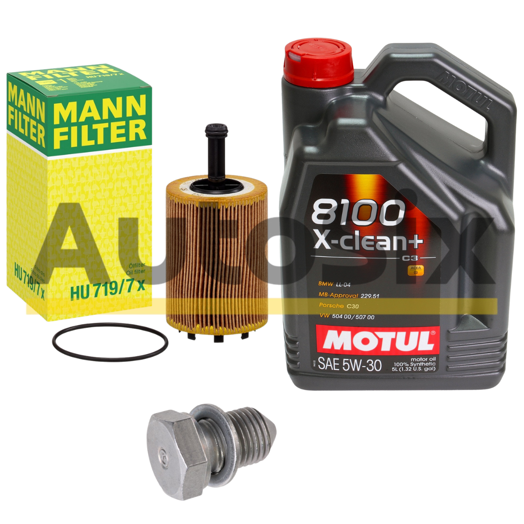 Pachet revizie ulei și filtru ulei MANN-FILTER HU719/7X + Motul 8100 X-Clean+ 5W30 5L + șurub baie ulei Febi 15374 – Volkswagen Polo 4 (9N, 9A) 1.4TDI / 1.9TDI / 1.9SDI