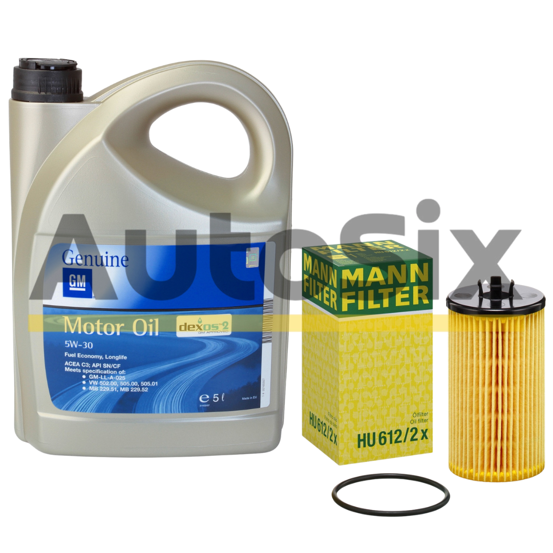 Pachet revizie ulei + filtru ulei MANN-FILTER HU 612/2 x + GM 5W30 Dexos2 5L – Opel Astra J (P10) / GTC / Sports Tourer / Sedan (2009–2018) A14XEL, A14XER/B14XER, A14NEL/B14NEL, A14NET/B14NET, A16XER/B16XER, A16LET, A18XER